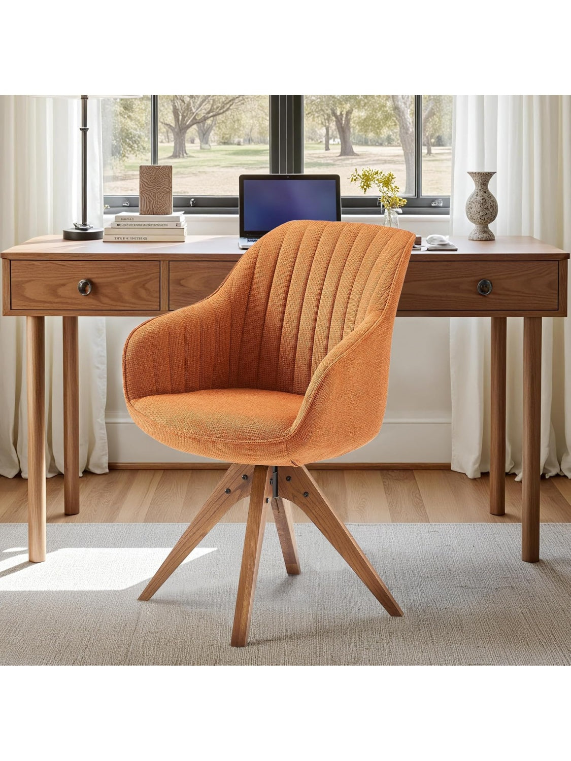 Silla de comedor giratoria con patas de madera reposabrazos y diseno adaptable para hogar u