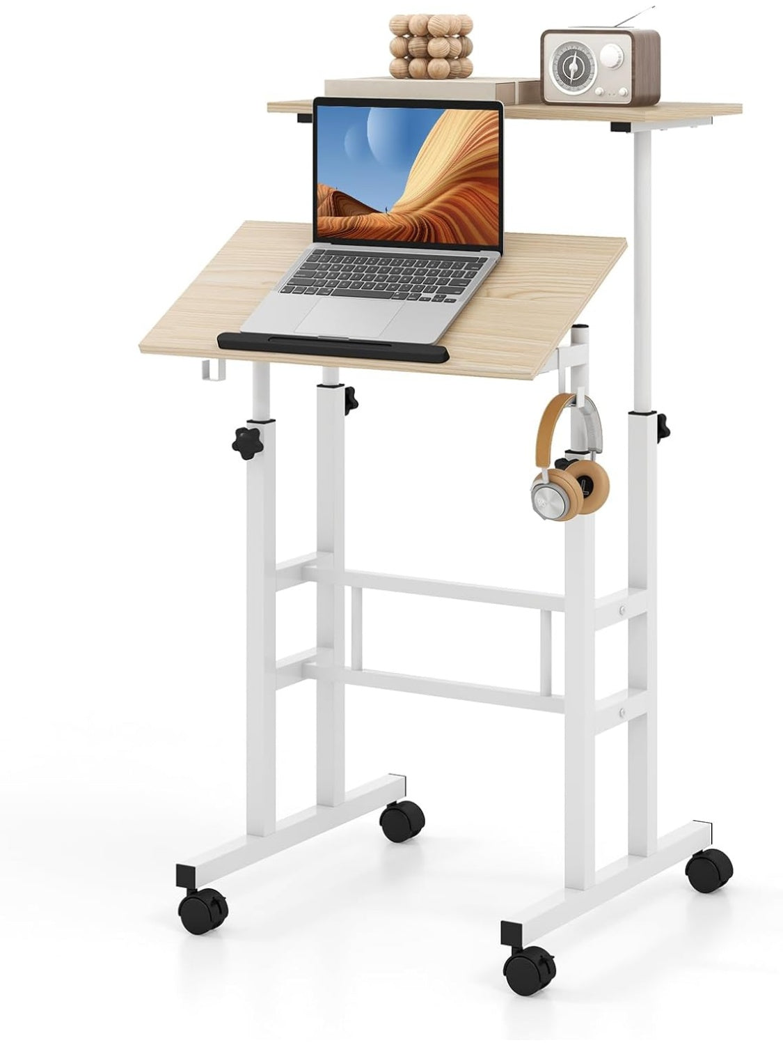 Escritorio Elevable con Ruedas, Superficie Inclinable y Altura Regulable para