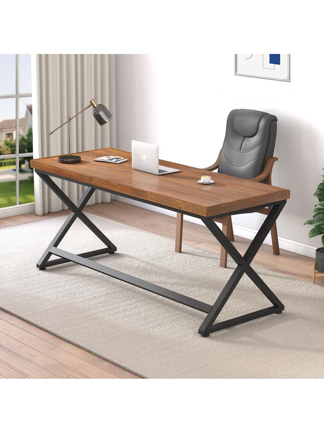 Mesa de ordenador de madera maciza de 140 cm con estructura metalica y estilo industrial