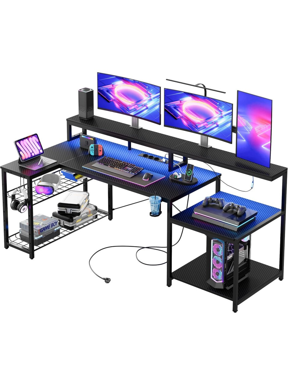 Escritorio gaming amplio de 181 cm con iluminacion LED tomas electricas y puertos USB para