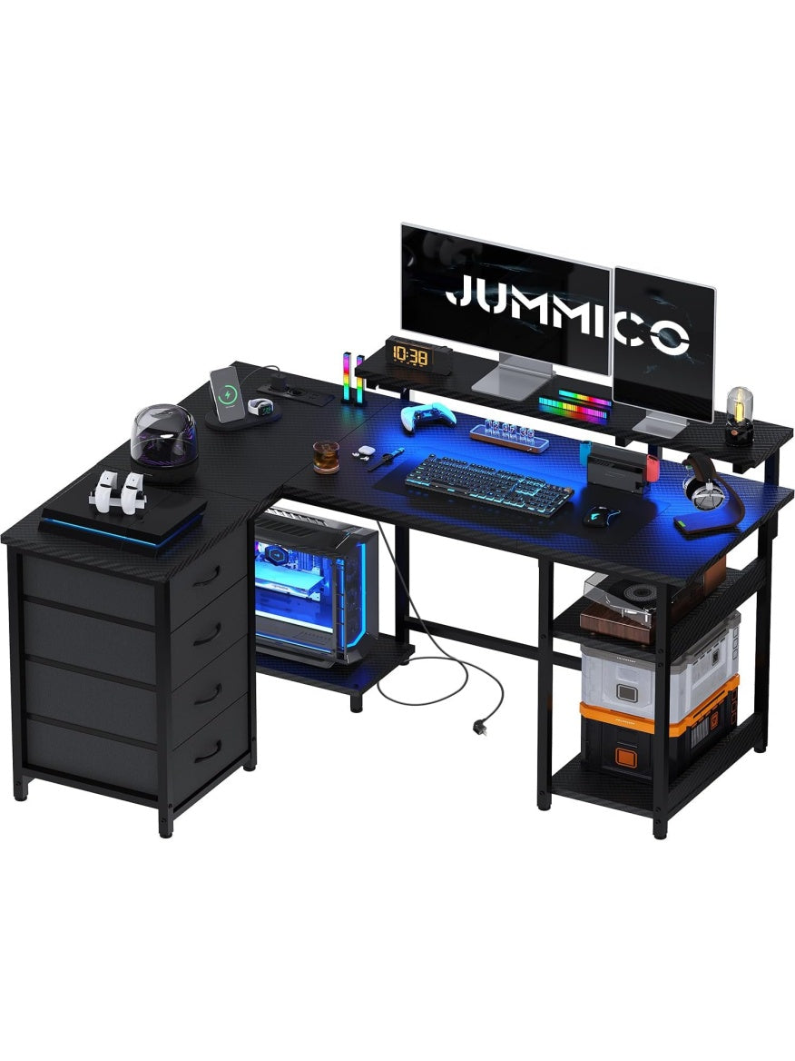 Escritorio Esquinero en L de 135 cm con Iluminacion LED, Estantes de Almacenamiento y Diseno Gaming en Color